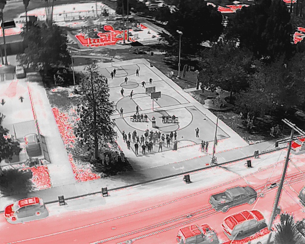 A thermal radar image of a cool-pavement-coated basketball court. 